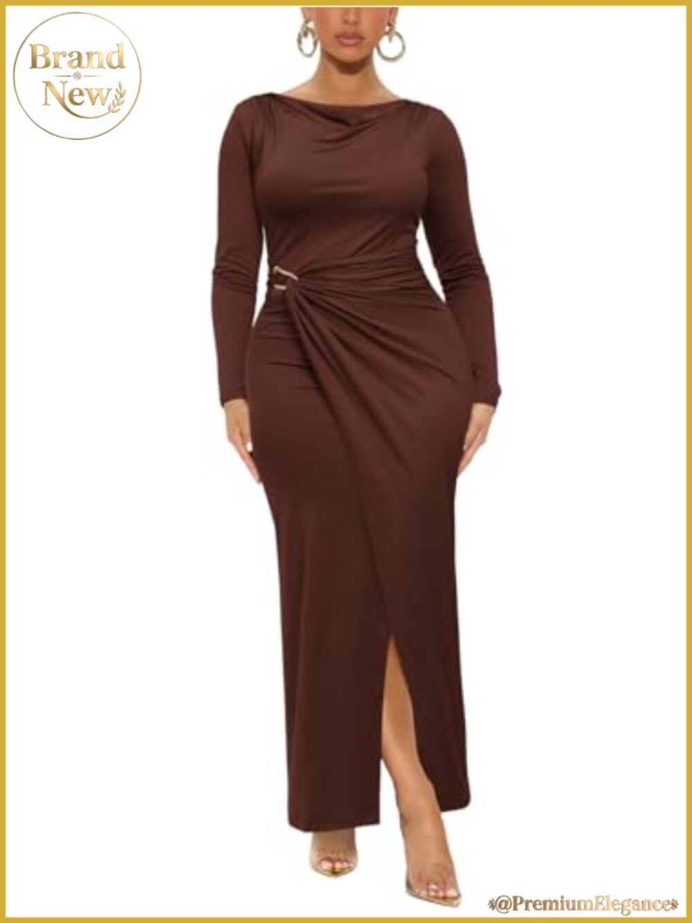 Long Sleeve Cowl Neck Bodycon Maxi Dress Ruched Formal Evening Party